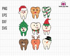 christmas tooth clipart with santa hats and reindeers on it, including the teeth