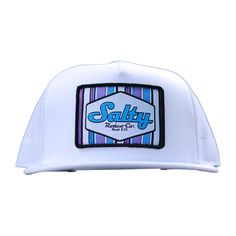 the salty trucker cap is white with blue and purple stripes on it, which reads salty