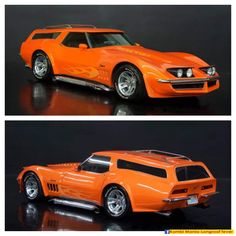 an orange car with flames painted on the front and back sides, is shown in two different views