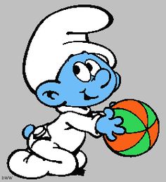 the smurf is holding an orange and green ball