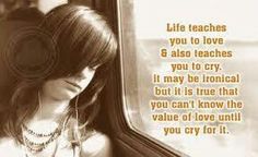 a woman with headphones sitting on a train looking out the window and saying, life teaches you to love 6 also