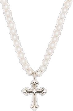 Elegant Silver Cross Pearl Necklace, Elegant Pearl Crucifix Necklace, Elegant Cross-shaped Pearl Pendant Necklace, Elegant White Cross Necklace With Pearl Pendant, Elegant Crucifix Pearl Necklace, White Cross Necklace With Pearl Charm, Elegant Cross Necklace With Pearl Drop, Elegant White Cross Pendant Necklace, Elegant White Cross Necklace Pendant