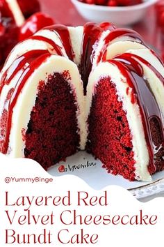 layered red velvet cheesecake bundt cake on a white plate