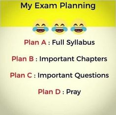 a poster with three emoticions on it that says, my exam planning plan a full sylabus plan b important characters plan c important questions plan d pray