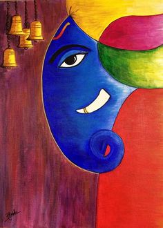 a painting of a blue face with bells in the background