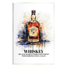 a bottle of whiskey with the words whiskey on it and watercolor splats