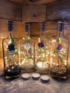 four glass jars filled with plants and rocks on top of a table covered in lights