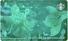 starbucks gift card with mermaids and stars on it, in green foiling paper