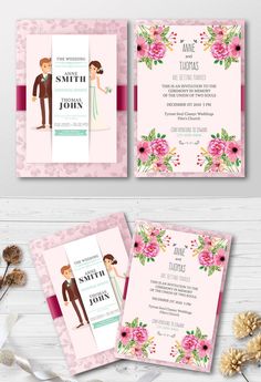 two wedding cards with pink flowers on the front and back, one has a bride and groom