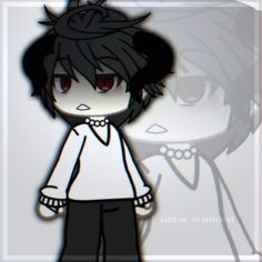 an anime character with black hair and red eyes standing in front of a white background