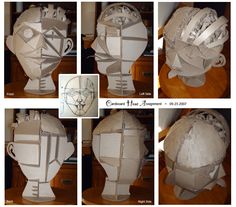 four different views of an origami man's head with multiple angles to it