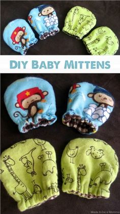 three baby mitts with different designs on them and one has an animal design on it