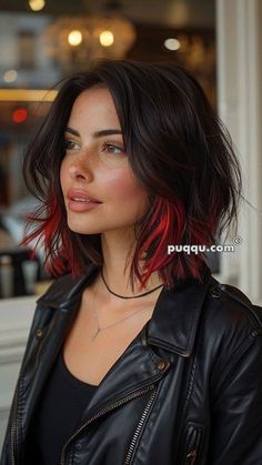 Red Hair Color On Short Hair, Black Hair With Bright Colors, Black Hair With Orange Peekaboo, Vivid Red Balayage Hair, Highlight For Short Black Hair, Short Hair With Red Tips, Reverse Hair Color, Tie And Dye Cheveux, Short Black Hair With Red Underneath