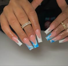 White Nail Art Acrylic, Blue Acrilyc Nails, Blue Marble French Tip Nails, Long Square Nails French Tip, Nails French Tip Blue, Square Nails French Tip, French Tip Blue, Square Nails French, Long Square Nails