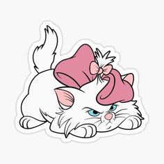 a white cat with a pink bow on its head and eyes, sitting down sticker