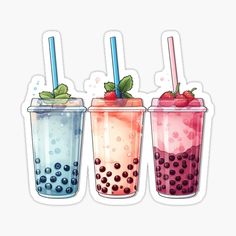 three drinks with strawberries and blueberries in them sticker on a white background