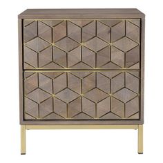 a wooden cabinet with geometric design on the front and sides, in gold leaf pattern