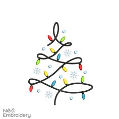 a christmas tree with lights and snowflakes is shown in this machine embroidery design