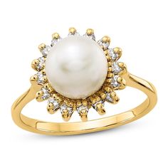 A lustrous freshwater cultured pearl nestles the center and is haloed by shimmering diamonds in this timeless women's ring. Fashioned in 14K yellow gold, the total diamond weight of the ring is 1/4 carat. Pearl Diamond Ring, Yellow Pearl Earrings, Brown Pearl Earrings, Cultured Pearl Ring, Real Diamond Rings, Freshwater Pearl Ring, Pearl And Diamond Ring, Heart Pendant Diamond, Pearl Types