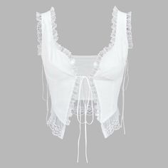 90% Cotton 10% Elastane Fairycore Tops For Spring Party, Spring Fairycore Party Tops, Spring Party Fairycore Tops, Elegant Festival Tops With Lace Trim, Tie Front Top Pattern, Crop Cami Top, White Flies, Corset Crop Top, Cropped Cami