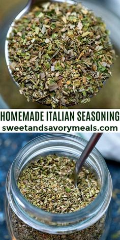 two pictures showing different types of seasonings in jars and spoons with text overlay that reads homemade italian seasoning