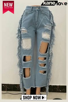 Light Color Street Solid Tassel Ripped Hollowed Out Split Joint High Waist Loose Denim Jeans Casual Denim Bottoms With Tassels, Casual High-waist Jeans With Fringe, Spring Fringe Denim Blue Jeans, Casual Medium Wash Jeans With Fringe, Casual Medium Wash Fringe Jeans, Casual Medium Wash Fringed Jeans, Casual Denim Blue Jeans With Fringe, Denim Blue Jeans With Fringe, Spring Cutoff Jeans With Fringe