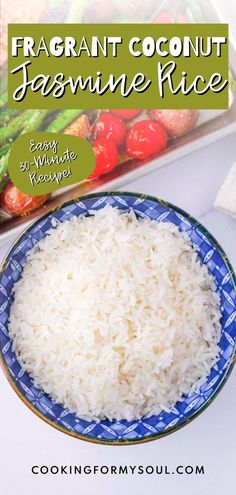 a blue and white bowl filled with rice next to a bag of fresh coconut juice