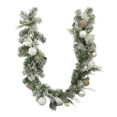 a christmas garland with pine cones and ornaments on it, hanging from the ceiling in front of a white background