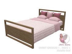 the bed is made with pink sheets and pillows