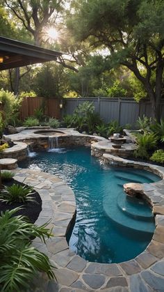 a small pool surrounded by landscaping and trees