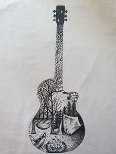 a drawing of a guitar with trees on it