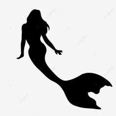 the silhouette of a mermaid with long hair and tail is shown in black on a white background