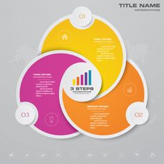 three steps info graphic design with circles and arrows on the top, in different colors