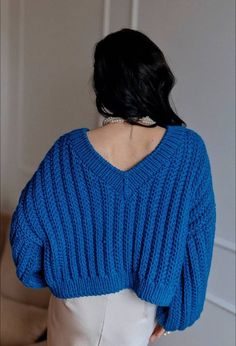 Chunky hand knit sweater for women. V neck cropped handmade jumper in wool. Oversized open back ribbed knit short pullover in royal blue. Crop hand knit sweater MADE TO ORDER Yarn composition: 50% wool, 50% acrylic Color (as shown on the photo): 141 blue SIZE CHART Size XS-S: Width: 54-56 cm Length: 48-50 cm Size M-L: Width: 59-61 cm Length: 49-51 cm Size XL-2XL: Width: 64-66 cm Length: 50-52 cm Hand Knitted Sweaters For Women, Chunky Cropped Sweater, Chunky Hand Knit, Open Back Sweater, Chunky Oversized Sweater, Sweater Handmade, Hand Knit Sweater, Handmade Sweater, Sweater Oversized