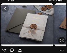 two photos with buttons on them and some envelopes next to each other in the same photo