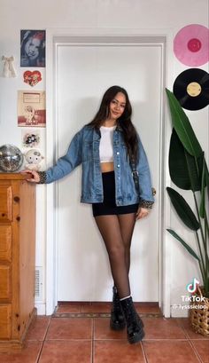 Black Stockings Outfit Casual Summer, 21 Year Old Outfits Casual, Black Skirt Jean Jacket Outfits, Denim Jacket Outfit With Skirt, Spring Outfits With Doc Martens, Preppy Alternative Style, Barhopping Outfits, Vegas Outfit Inspiration, Rainy Concert Outfit Summer