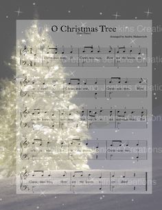 a christmas tree with music notes on it in front of a snow covered ground and stars