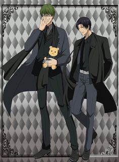 two men in suits and one is holding a teddy bear while the other holds his hand to his face