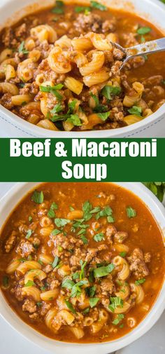 beef and macaroni soup in a white bowl with the title above it on top