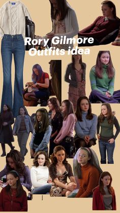 the collage shows many different images of women in sweaters, jeans and boots