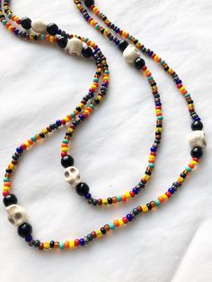 Ozain or Eggun Eleke with Skulls Troll Beads Necklace, Bone Jewelry, Large Necklace, Magical Jewelry, Black Skulls, Holiday Jewelry, Czech Beads, Plastic Beads, Beaded Jewelry