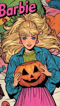 barbie is holding a pumpkin in front of her face with the words barbie on it