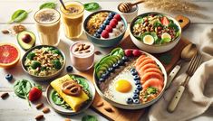 an assortment of breakfast foods including eggs, fruit and cereal