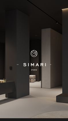 a black and white bathroom with the word simari on it