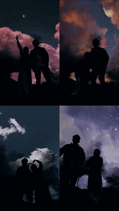 the silhouettes of two people standing in front of clouds and stars, with one person holding