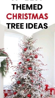 a white christmas tree with red and silver ornaments