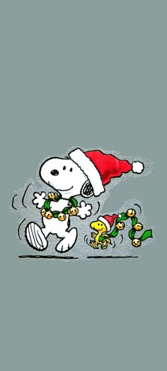 snoopy running with christmas decorations on his feet and wearing a santa hat, while another person