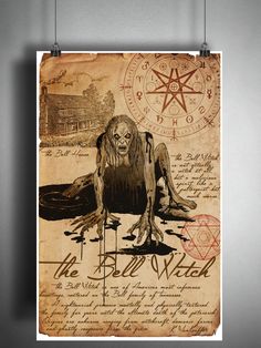 a poster hanging on a wall with writing and an image of a demon in the background