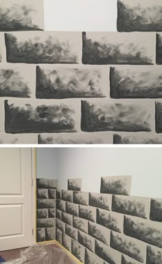 two pictures of clouds on the wall and one is being painted with acrylic paint