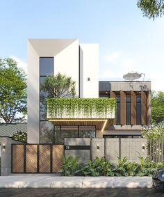 an artist's rendering of a modern house with plants growing on the balconies